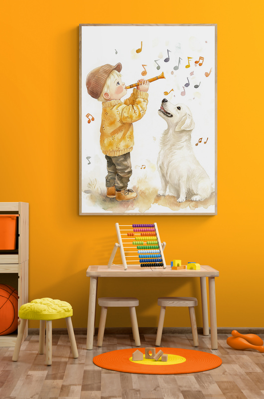 muurdecoratie 'Blokfluit spelen' ingekaderd © Karen Ketels