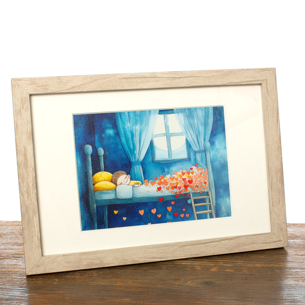 Decoratie, Fotografische print met pigmentinkten voor intense kleurbeleving, ingekleefd in passe-partout ‘Hartjesslaap’. Ingekaderd. © Karen Ketels