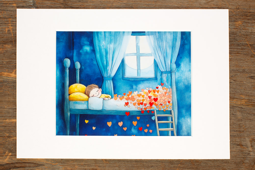 Decoratie, Fotografische print met pigmentinkten voor intense kleurbeleving, ingekleefd in passe-partout ‘Hartjesslaap'. © Karen Ketels