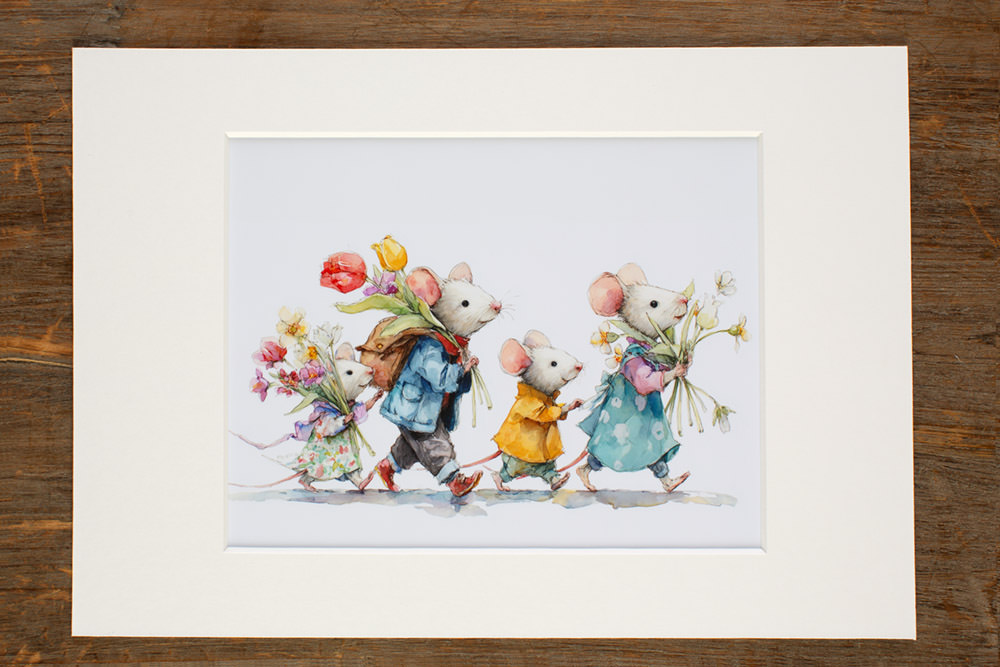 Decoratie, Fotografische print met pigmentinkten voor intense kleurbeleving, ingekleefd in passe-partout ‘Bloemenmuisjes'. © Karen Ketels