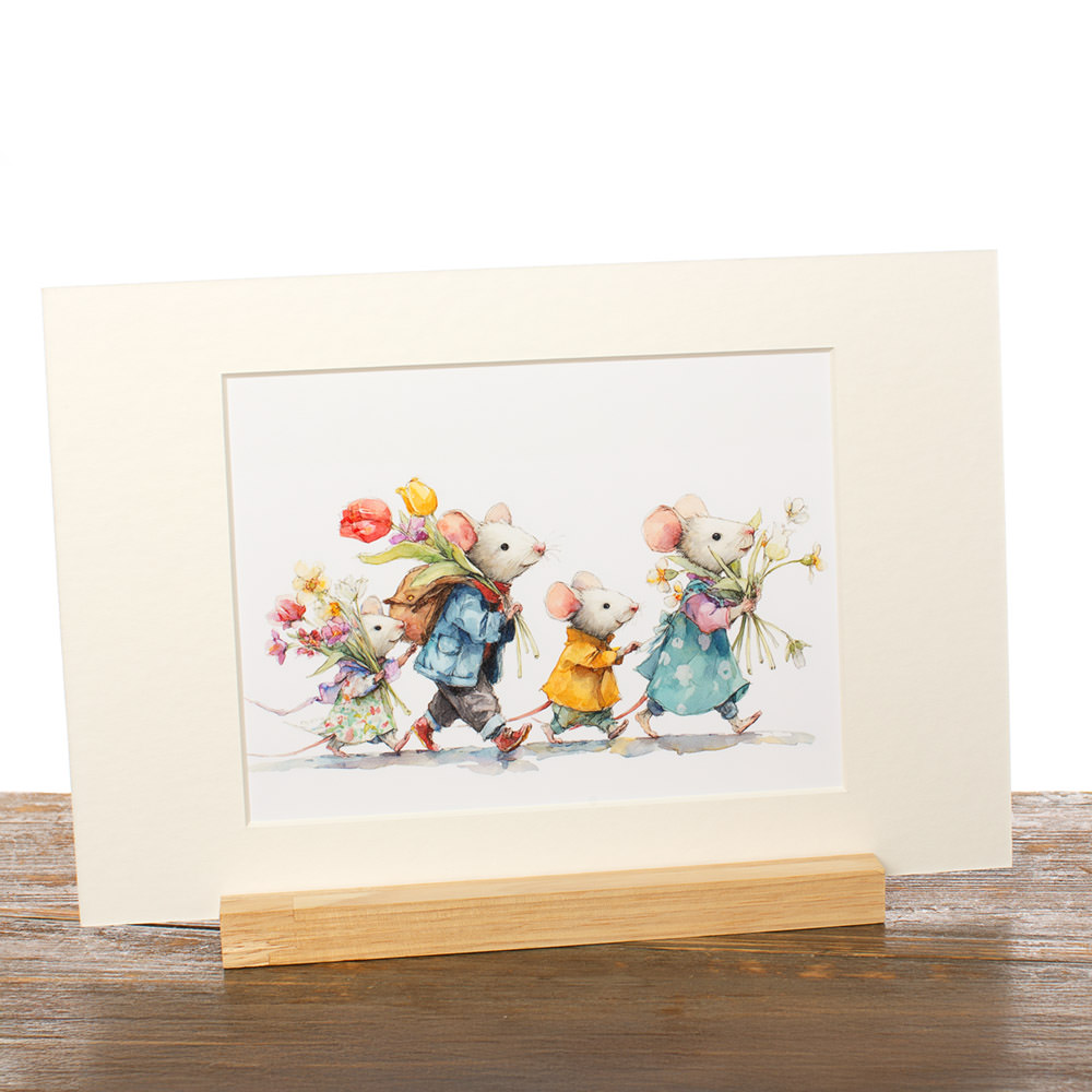 Decoratie, Fotografische print met pigmentinkten voor intense kleurbeleving, ingekleefd in passe-partout ‘Bloemenmuisjes'. Met staandertje. © Karen Ketels