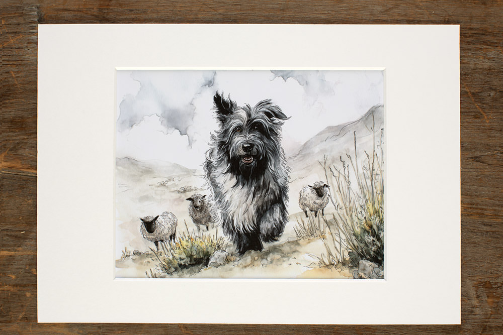 Decoratie, Fotografische print met pigmentinkten voor intense kleurbeleving, ingekleefd in passe-partout ‘Pyreneese Herdershond'. © Karen Ketels