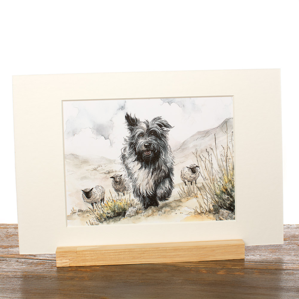 Decoratie, Fotografische print met pigmentinkten voor intense kleurbeleving, ingekleefd in passe-partout ‘Pyreneese Herdershond'. Met staandertje. © Karen Ketels