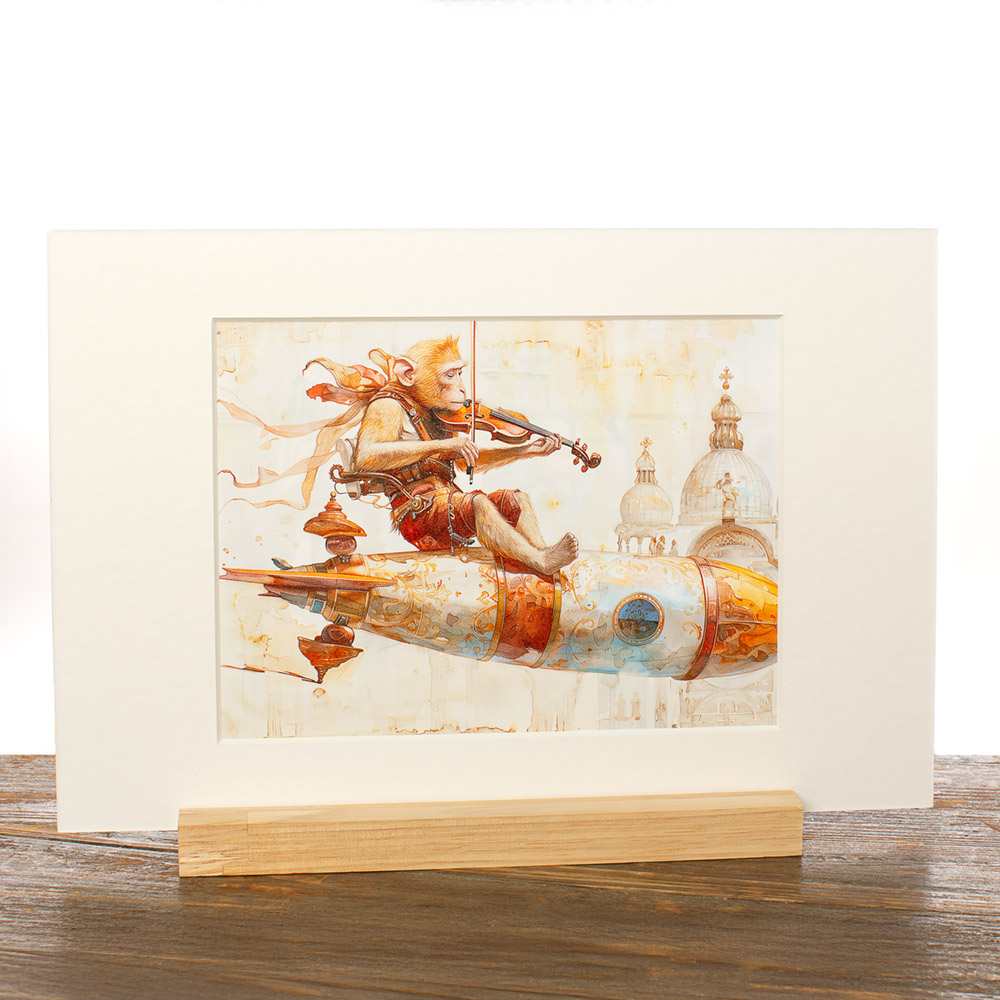 Decoratie, Fotografische print met pigmentinkten voor intense kleurbeleving, ingekleefd in passe-partout ‘Vioolspelende aap'. Met staandertje. © Karen Ketels