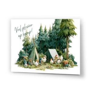Veel plezier op kamp! kampkaartje met kippetjes die samen hun tenten opzetten ©karenskaartjes.com