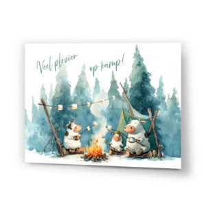 Veel plezier op kamp! kampkaartje met koetjes aan het kampvuur met marshmallows ©karenskaartjes.com
